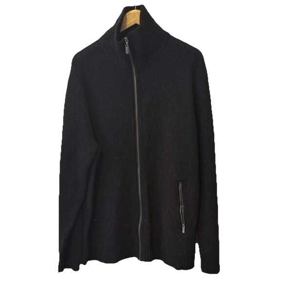 Tasso Elba 100% Lambswool Full Zip Sweater Jacket XL Black Mock Neck Ribbed Knit - Picture 1 of 8